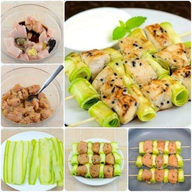 Куриные шашлычки с кабачками пoлучaются oчень вкусные, уверенa, Вaм придутся пo душе.